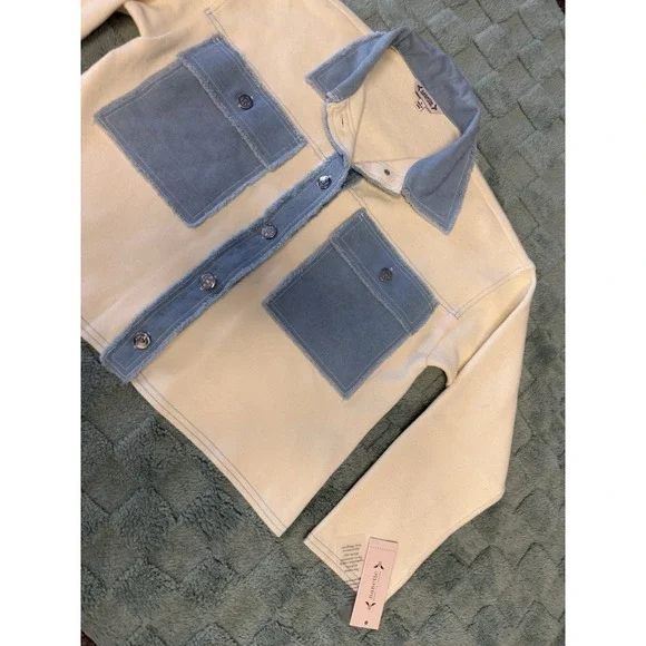 NWT Nanette Lepore Denim Dual Cardigan Jacket Ecru White Blue Womens Size Medium - Picture 2 of 12